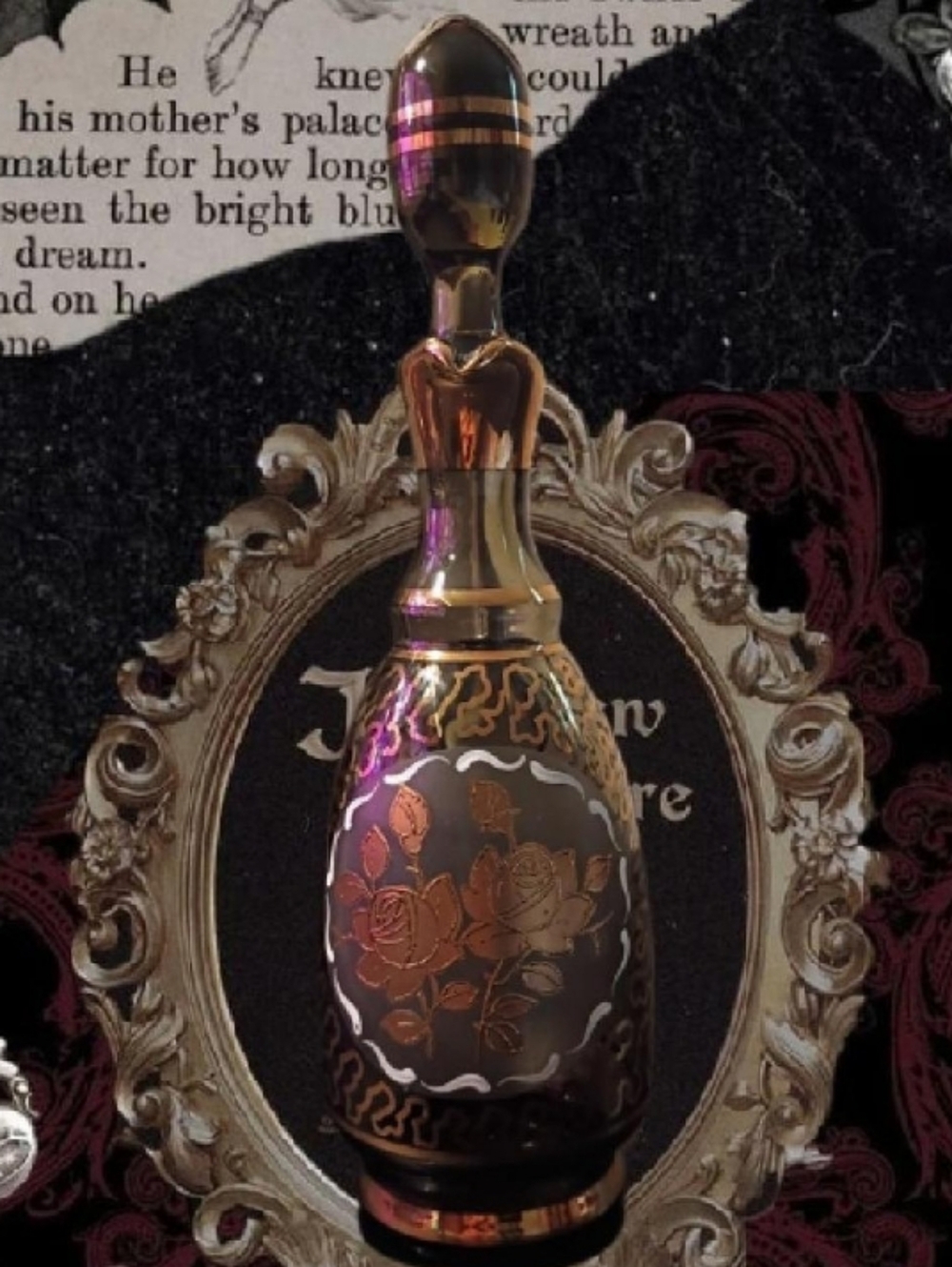 VTG Bohemian Czech Black Amethyst Glass Decanter W/Gold Rose Overlay